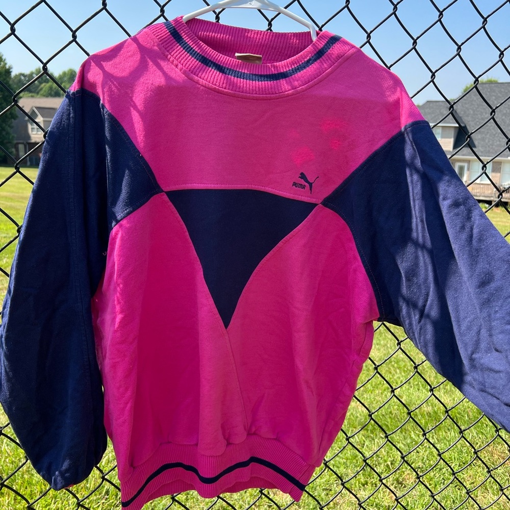 PUMA navy and pink vintage sweatshirt in size 6.